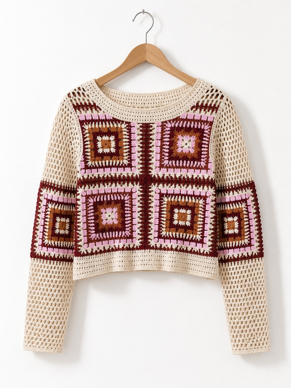 Granny Square Crochet Sweater Women's Boho Crop Knit Top Cream Pink Burgundy - Picture 3 of 6